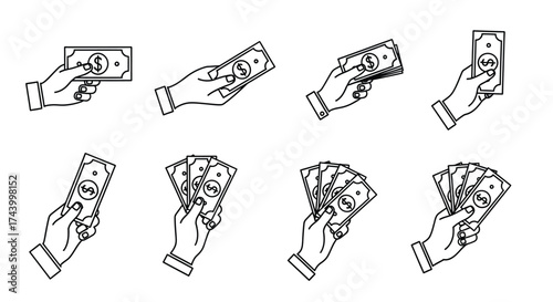 Collection of hand gestures holding and counting cash money bills for financial transactions vector