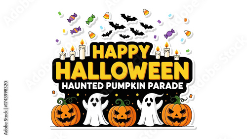 Happy Halloween Parade: A vibrant and cheerful illustration to evoke the spooky spirit of Halloween, complete with pumpkins, ghosts, candies, bats, and candles. 