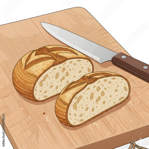 A warm, freshly sliced sourdough loaf resting on a rustic wooden cutting board with a knife. This inviting illustration is perfect for conveying homemade baking, fresh food, and gourmet meals.