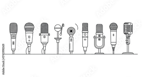 Collection of hand drawn retro and modern microphones for recording and performance vector
