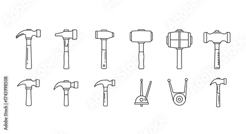 Collection of hand drawn hammers and sledges various tools for construction and diy projects vector