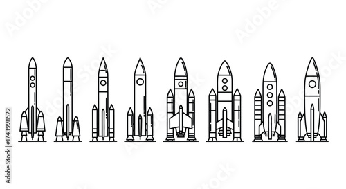 Collection of hand drawn rocket ships and space shuttles in outline style for space exploration vector