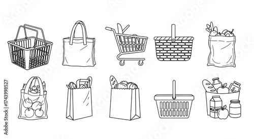 Hand drawn grocery shopping icons set fresh food delivery cart basket bag and produce line art vector