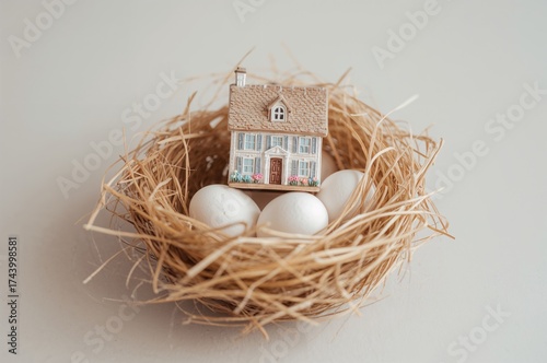 Toy house in a nest of stra...
