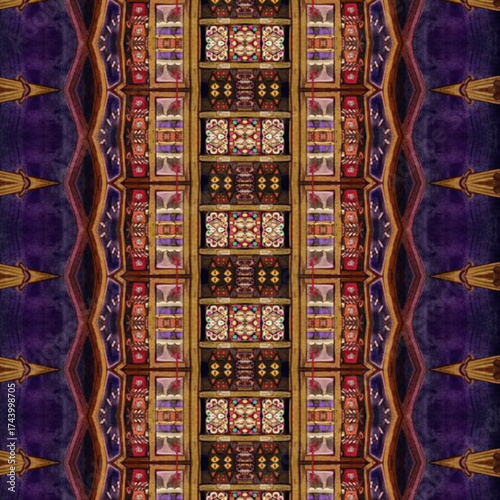 Vibrant symmetrical stained glass abstract pattern with rich purple and golden hues. Elegant geometric texture for design, decoration, or artistic background.
