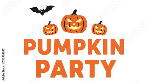 Pumpkin Party Celebration: A vibrant, illustrated composition evoking the essence of Halloween, with grinning pumpkins and a playful bat, ideal for promoting seasonal events.