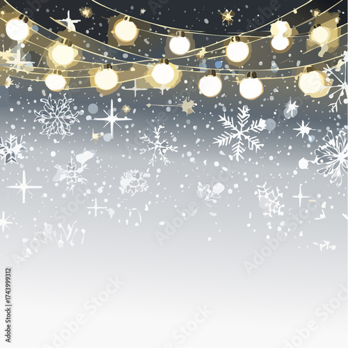 Golden Christmas lights glow brightly, creating an abstract holiday design with sparkling stars and a festive blue and gold backdrop