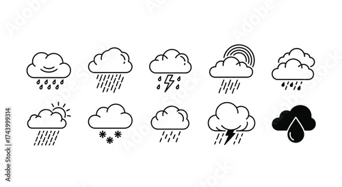 Set of weather icons representing rain snow hail lightning rainbow and sunshine clouds vector