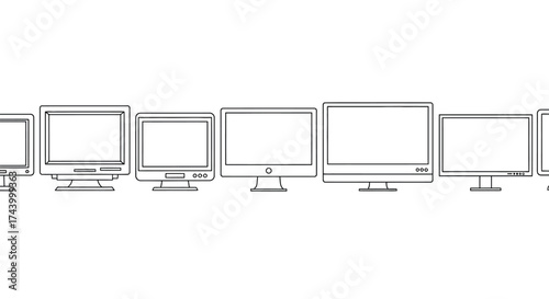 Collection of diverse modern computer monitors and displays lined up in a row vector