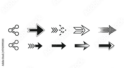 Collection of diverse arrow icons showing direction and forward movement for ui design vector