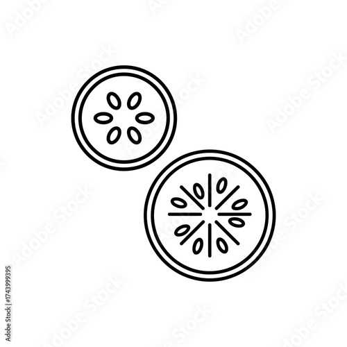 Simple line art drawing of two cucumber slices showing seeds and texture vector