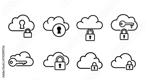 Cloud security icons set secure data storage and network protection concepts linear art vector