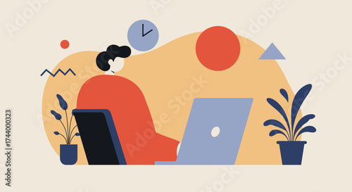 Person works on laptop in a modern abstract home office Remote work business lifestyle concept