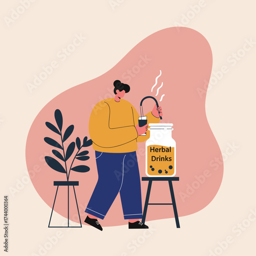 Woman preparing a healthy herbal drink for wellness natural lifestyle and selfcare