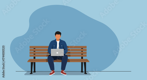 Man working on laptop on bench Remote work online study freelance lifestyle concept