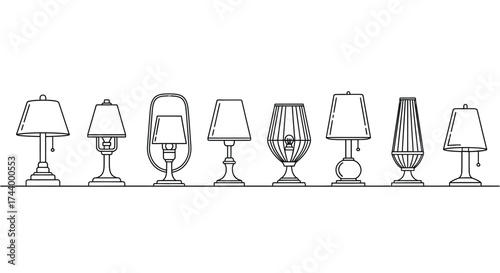 Collection of vintage desk lamps displayed in a row hand drawn style artistic renderings vector