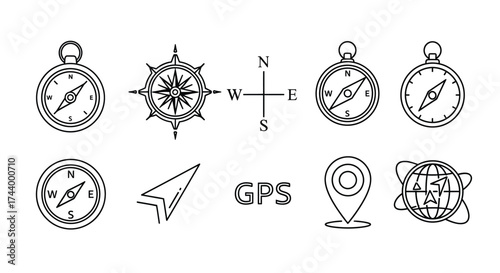 Set of hand-drawn navigation and travel icons compasses wind rose map pin and gps symbol vector