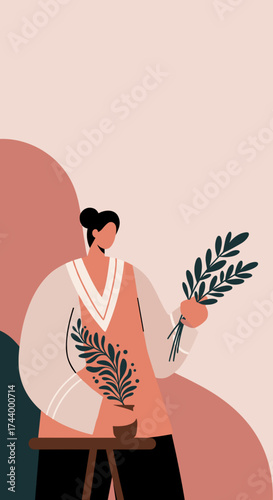 Woman tending houseplants cultivating peace and connection to nature at home Lifestyle wellbeing