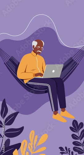 Elderly man relaxing in hammock using laptop Remote work leisure modern retirement concept