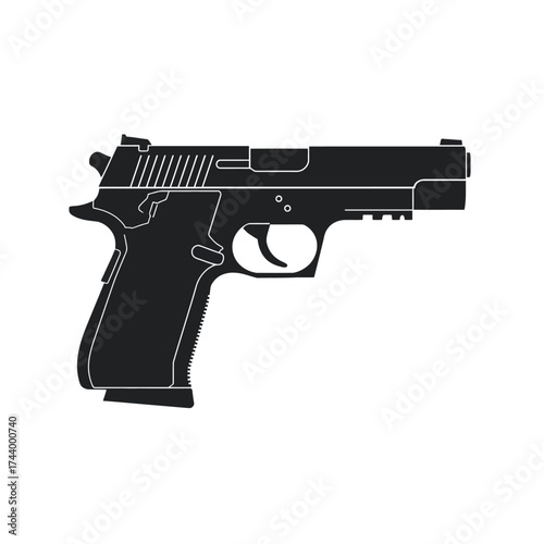 Silhouette of a black handgun on a white background.