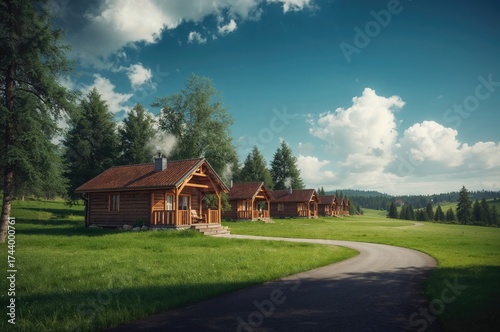 Cozy wooden cottages arrang...
