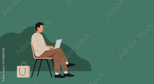 Man working remotely on laptop with bag ideal for business technology or modern lifestyle concepts