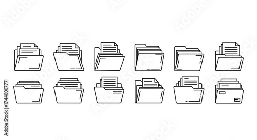 Set of stylized line art open folders containing documents for organization and data management vector