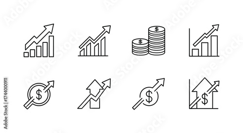 Set of hand drawn growth charts and money icons for business and finance success vector