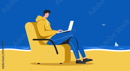 Man works on laptop from a comfortable armchair on a sunny beach Remote lifestyle