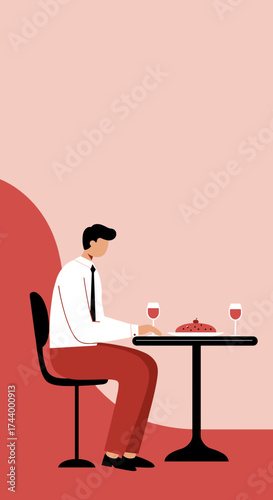 Man dining alone at a restaurant table with wine and pasta Concept of waiting or solitude