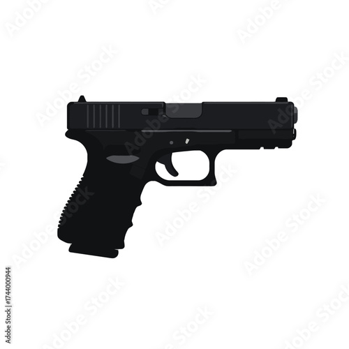 Black semi-automatic pistol on a white background, side view.