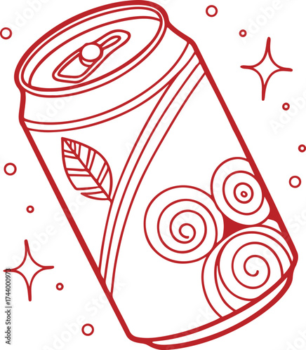 Decorative Soda Can Vector Illustration – Creative Beverage Design with Bubbles and Leaf Pattern