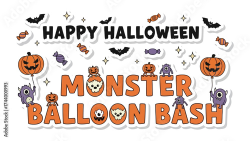 Spooky Halloween Celebration: A vibrant and festive illustration setting the stage for a Monster Balloon Bash, complete with grinning jack-o'-lanterns, playful monsters, and candy-filled treats.