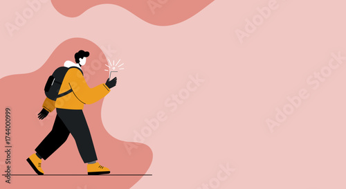 Person walking with backpack engaged with smartphone Modern connectivity and active lifestyle