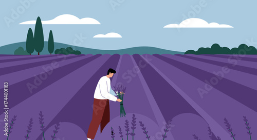 Man harvesting fragrant lavender in a sprawling purple field Serene nature rural lifestyle agriculture