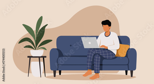 Man working remotely on laptop from home sofa Cozy flexible lifestyle modern online business