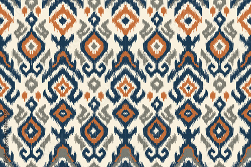 Seamless Ikat pattern with geometric diamond and tribal motifs in navy, terracotta, and beige tones, ethnic traditional textile design perfect for fabric, wallpaper, boho fashion, home decor.