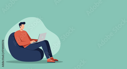 Man on bean bag uses laptop Remote work casual productivity online learning or leisure
