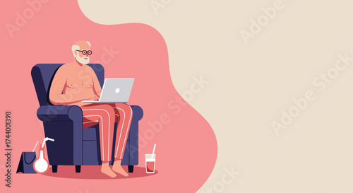 Relaxed senior man using laptop at home in an armchair embracing digital leisure