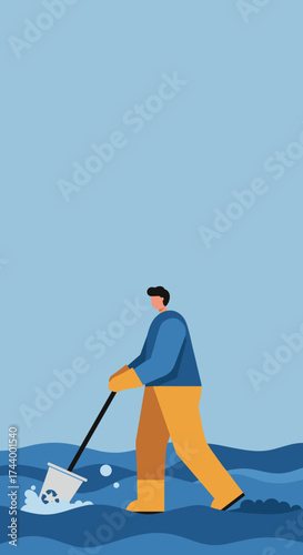 Person cleaning water collecting trash for recycling Environmental protection concept