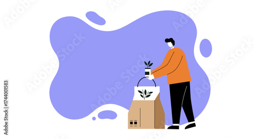 Person putting a potted plant into a sustainable paper bag Ecofriendly shopping and green living concept
