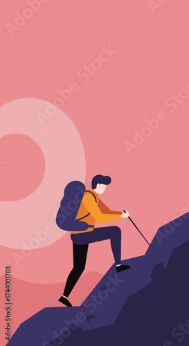 Person with backpack and trekking pole climbing a mountain Adventure journey personal growth