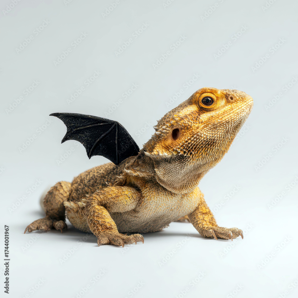 Obraz premium Bearded Dragon with Black Dragon Wings – Miniature Fantasy Halloween Creature