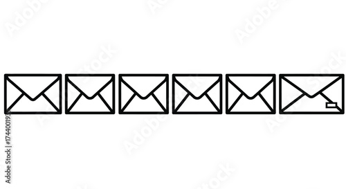 Row of six simple outline envelopes communicating messages and mail delivery concepts vector