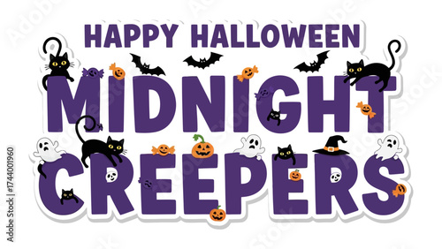 Spooky Halloween Vibes: A captivating Halloween design. Featuring playful bats, spooky cats, grinning pumpkins, and ghostly apparitions. The artwork exudes a sense of eerie fun.