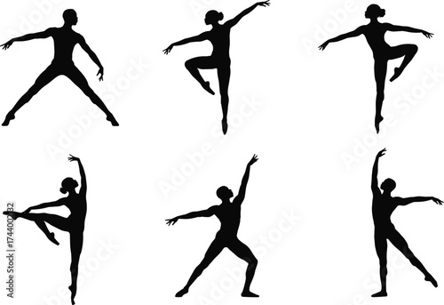 Ballet dancer silhouettes, ballerina poses vector, classical dance illustration, graceful movement artwork, stage performance design