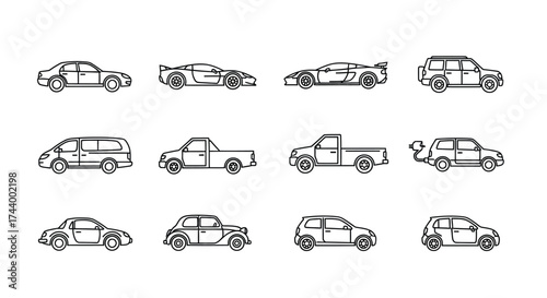 Collection of hand-drawn style automobiles and vehicles in various designs and types vector