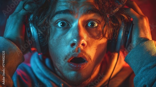 Young Man Surprised While Wearing Headphones and Listening to Music