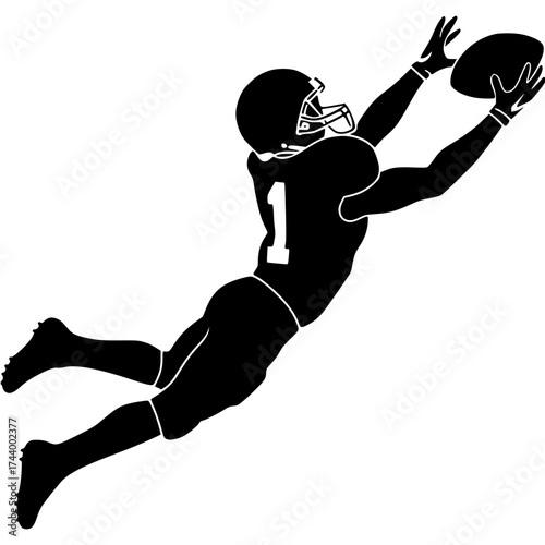 Football Player's Aerial Catch: A dynamic silhouette of a football player soaring through the air to make a spectacular catch, showcasing the thrill and skill of the game.