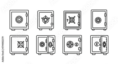 Collection of eight different security deposit boxes and safes in a graphic line art style vector